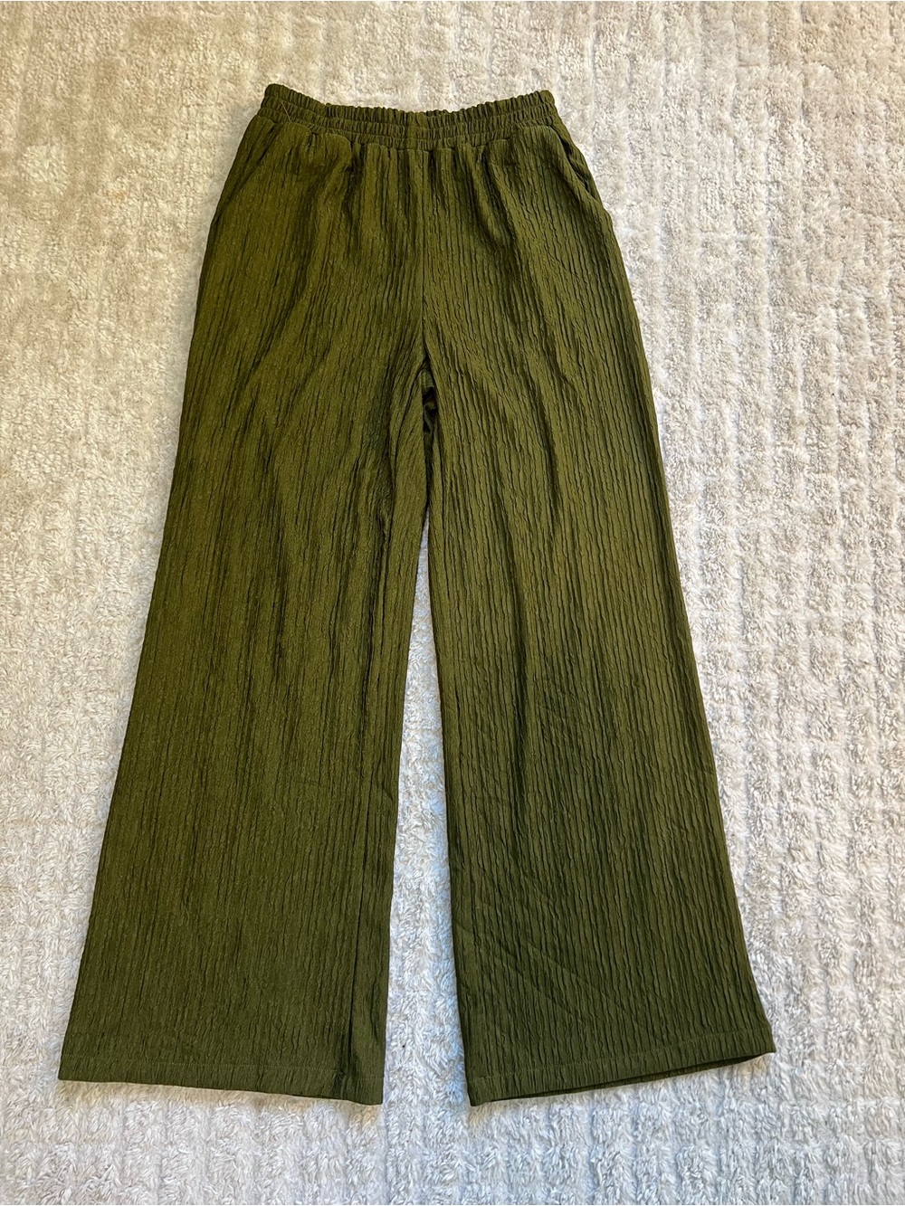 Olive Green Wide-Leg Textured Pants